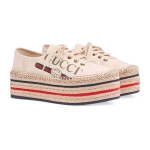 Gucci Cream Canvas Platform Espadrilles with Red and Blue Stripes